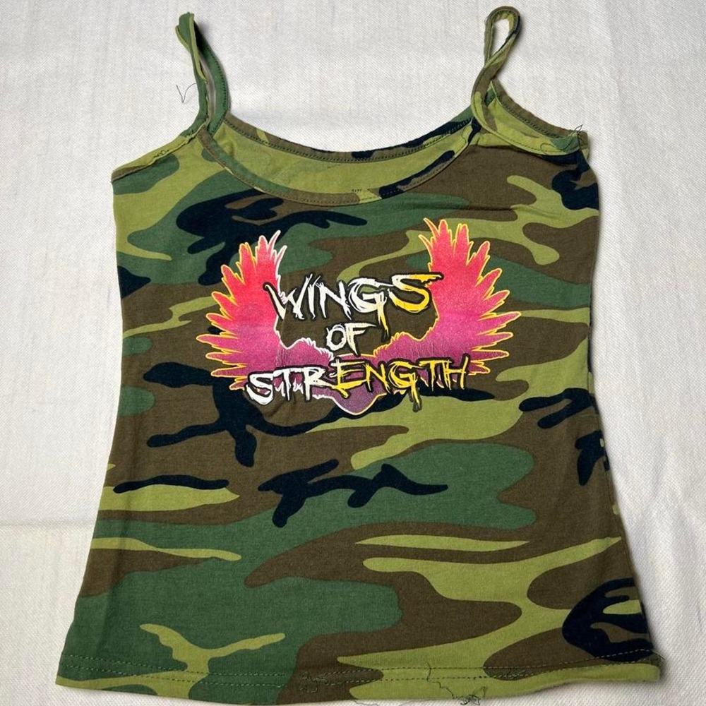 Wings of Strength camo tank top with pink wings graphic